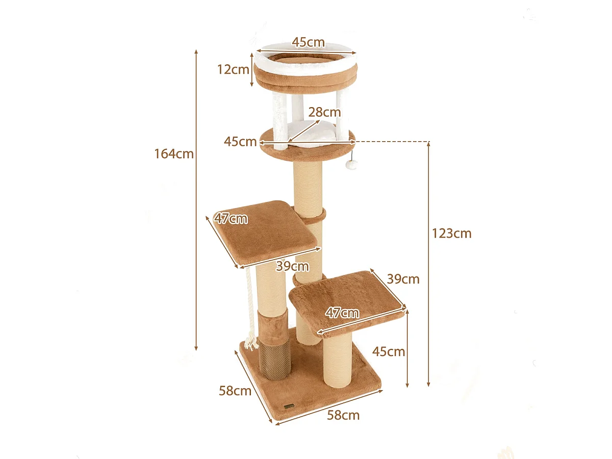 Arbre à Chat pour Chats de 164 cm avec Auto-toilettage Perchoir Rembourré Lit pour Chat Amovible Plateformes de Saut Café