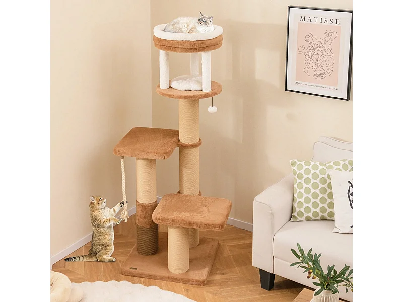 Kratzbaum mit Fellbürste & Gepolsterter Sitzfläche & Abnehmbarem Katzenbett