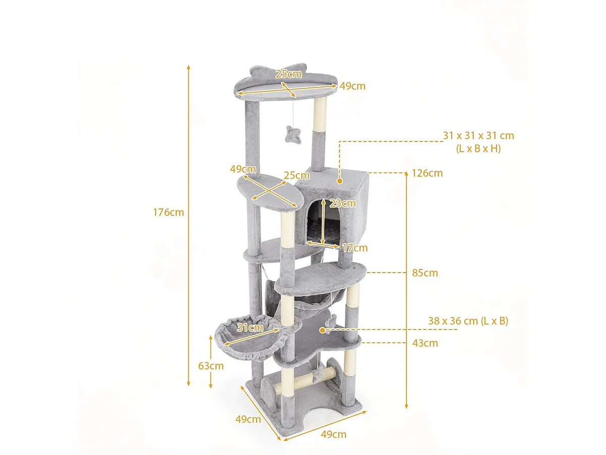 176 cm Holz Kratzbaum mit Höhle & Korbbett & Hängematte & Sisalpfosten Katzenbaum