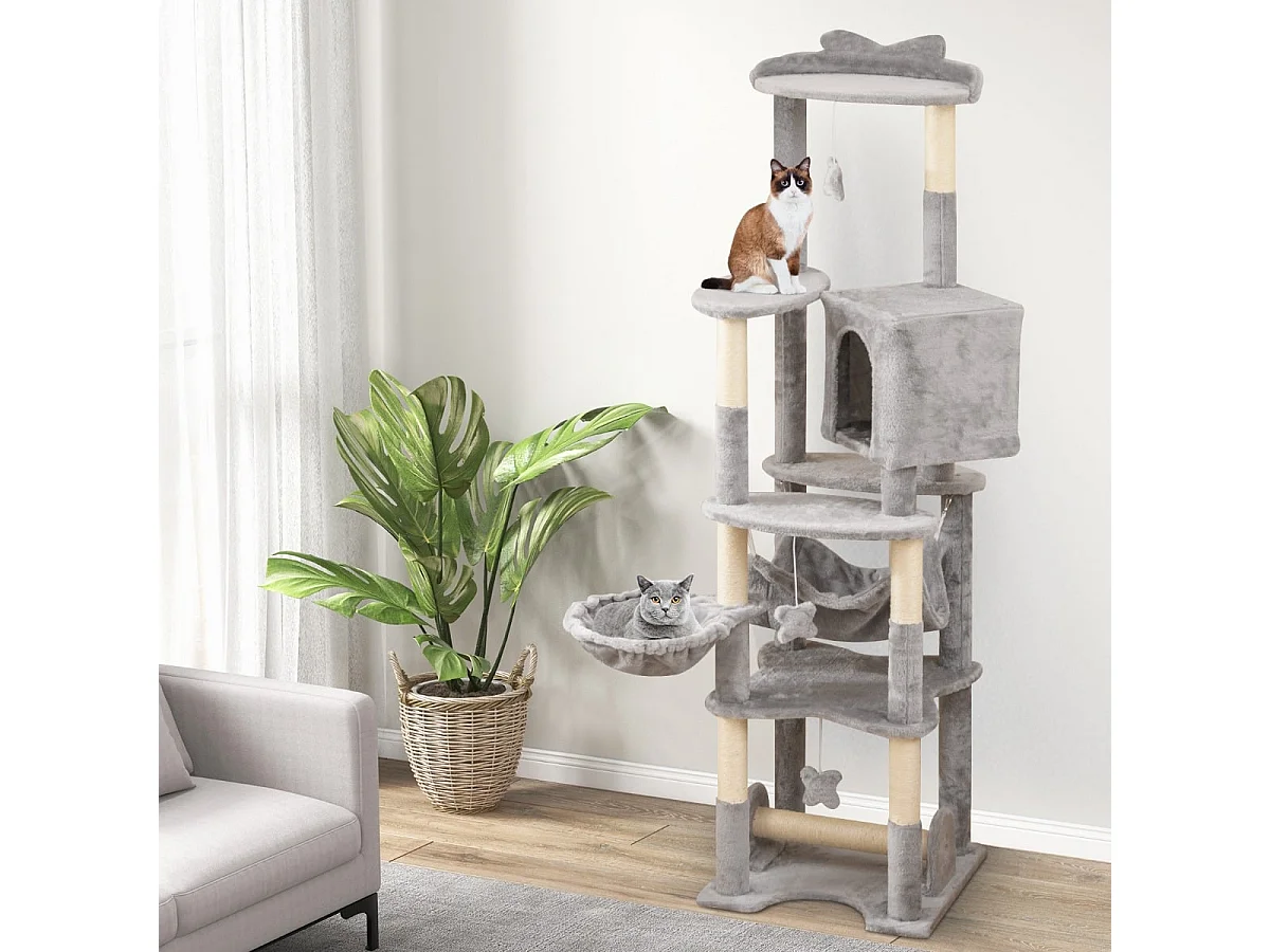 176 cm Holz Kratzbaum mit Höhle & Korbbett & Hängematte & Sisalpfosten Katzenbaum