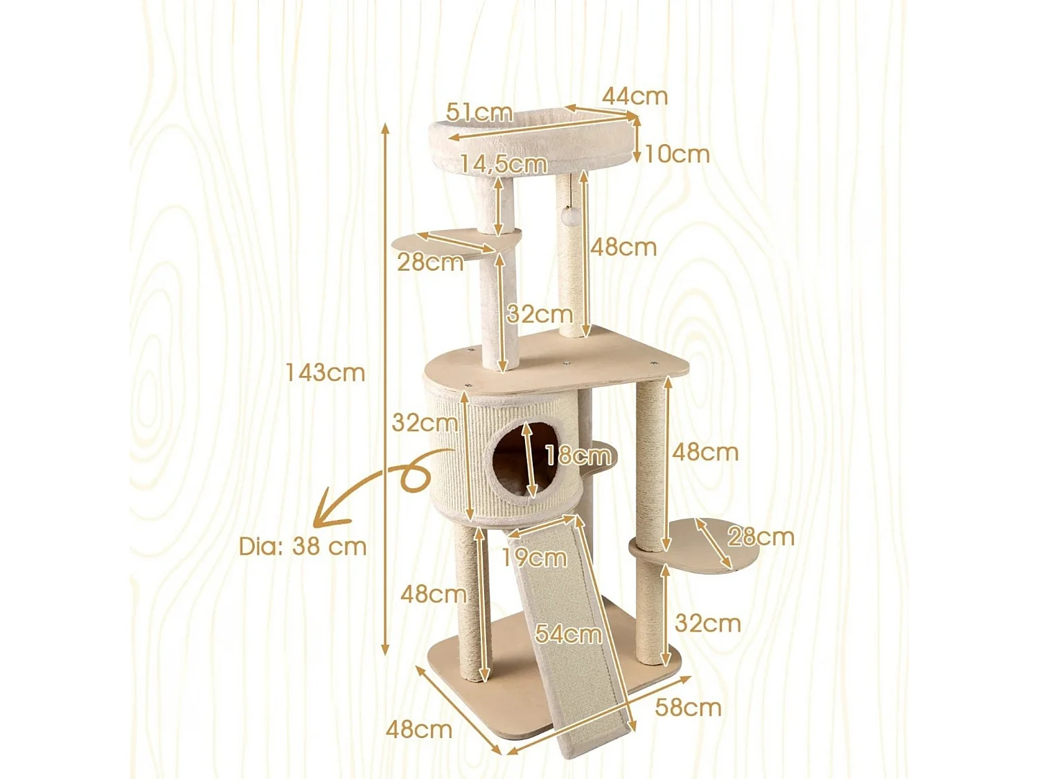143 cm Holz Kratzbaum mit Kratztonne & Sisal-Kratzsäulen & Leiter Katzenbaum Kletterbaum Natur