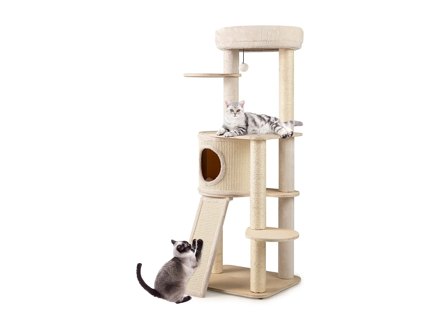 143 cm Holz Kratzbaum mit Kratztonne & Sisal-Kratzsäulen & Leiter Katzenbaum Kletterbaum Natur