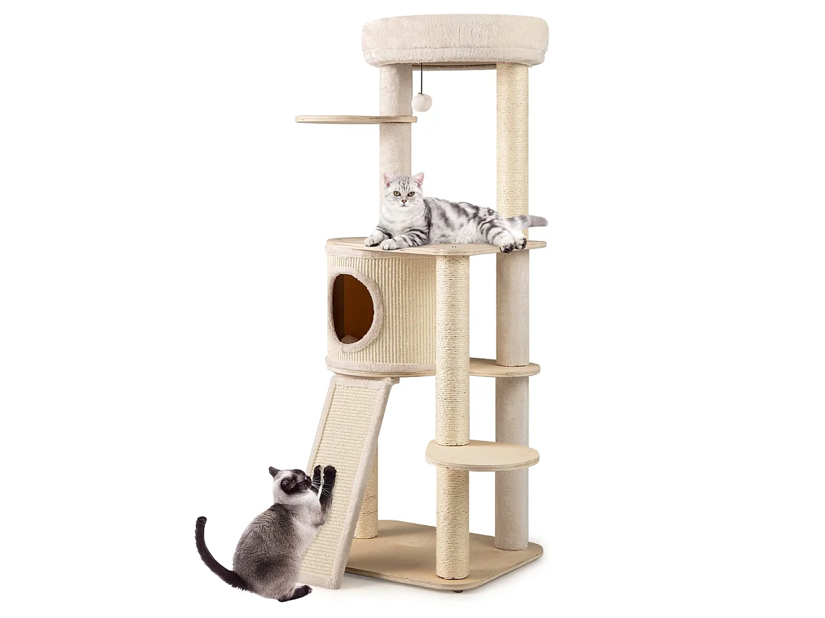 Arbre à Chat de 56 CM Tour pour Chaton en Bois avec 2 Colonnes à Griffer en Sisal & Tapis & Échelle Condo Perchoir Jouet Suspendu Naturel