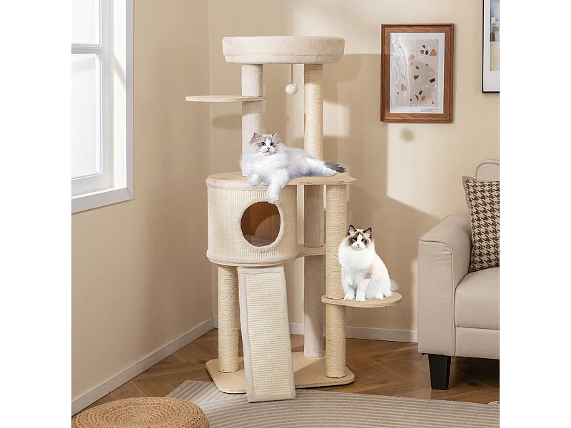 143 cm Holz Kratzbaum mit Kratztonne & Sisal-Kratzsäulen & Leiter Katzenbaum Kletterbaum Natur