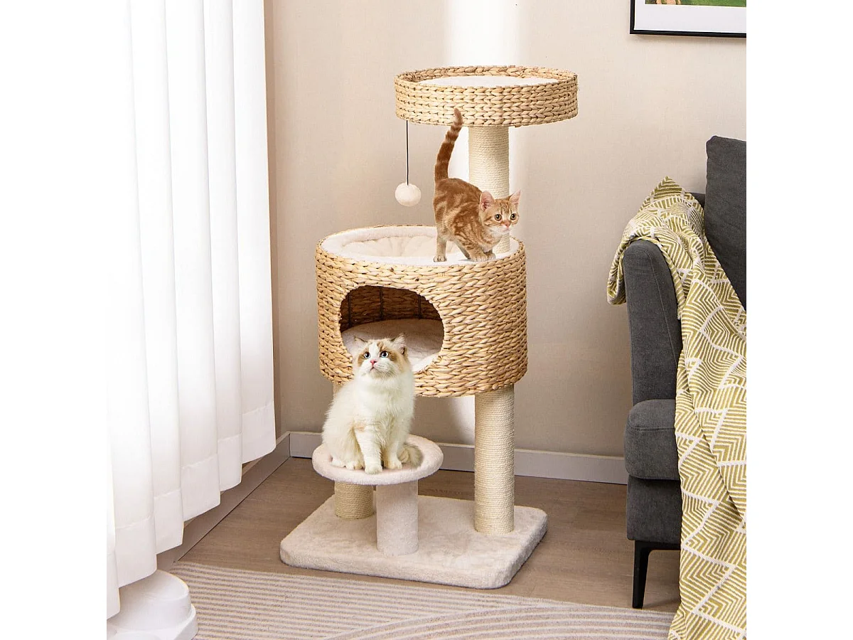 Kratzbaum mit Katzenhöhle 104 cm hoch Katzenbaum mit Sitzstange & Plattform Beige+Natur