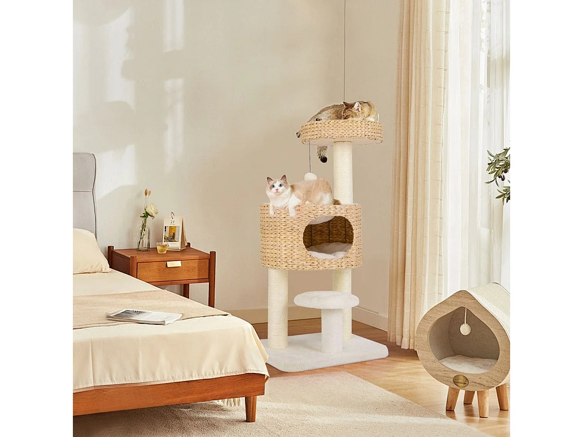 Kratzbaum mit Katzenhöhle 104 cm hoch Katzenbaum mit Sitzstange & Plattform Beige+Natur