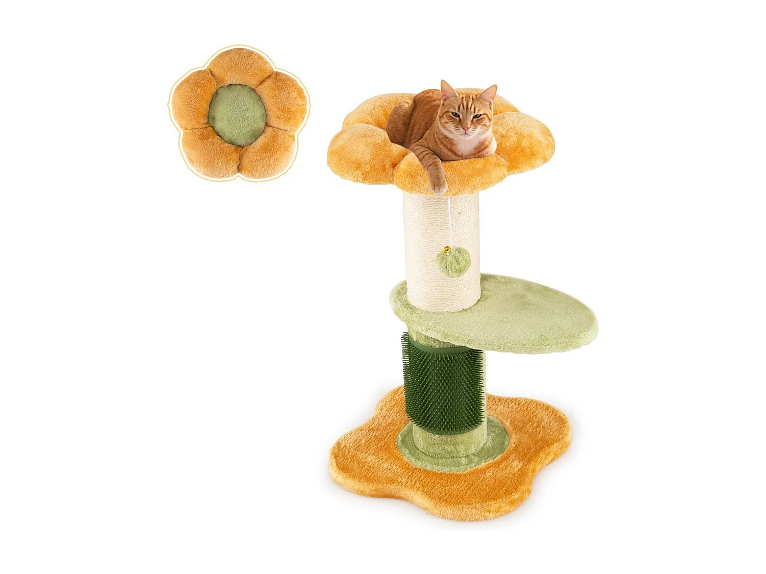 Albero per gatti 69 cm a forma di fiore con piedistallo imbottito in pile, Albero per gatti tiragraffi in sisal pallina appesa Giallo
