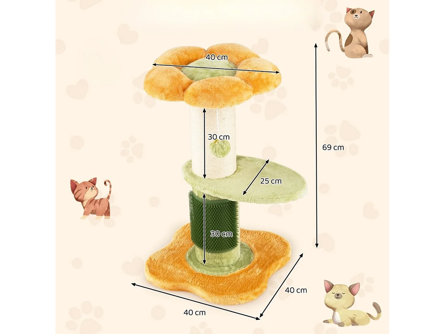 Albero per gatti 69 cm a forma di fiore con piedistallo imbottito in pile, Albero per gatti tiragraffi in sisal pallina appesa Giallo