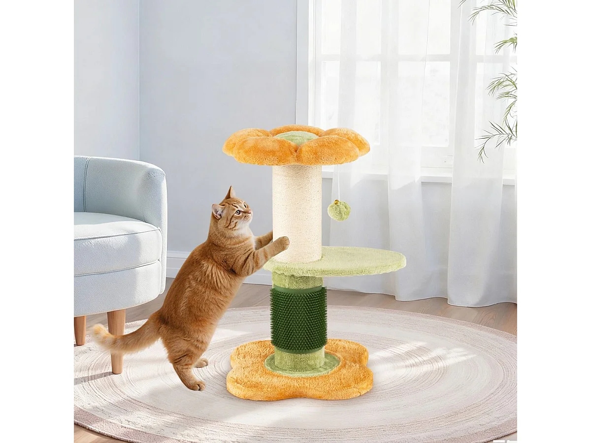 Albero per gatti 69 cm a forma di fiore con piedistallo imbottito in pile, Albero per gatti tiragraffi in sisal pallina appesa Giallo