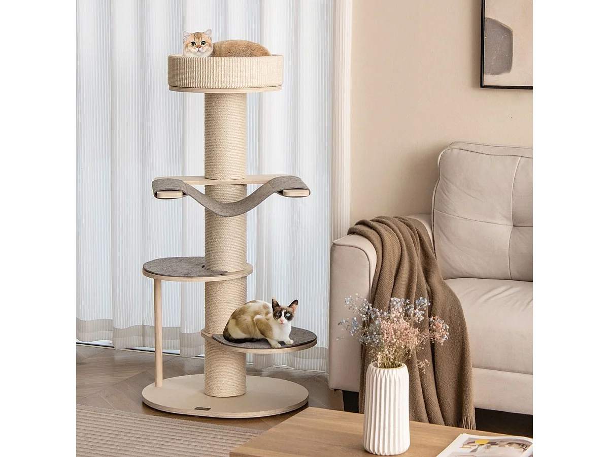 120 cm Kratzbaum Holz Katzenbaum mit Hängematte & 3 Plattformen & Sisal-Teppich Grau