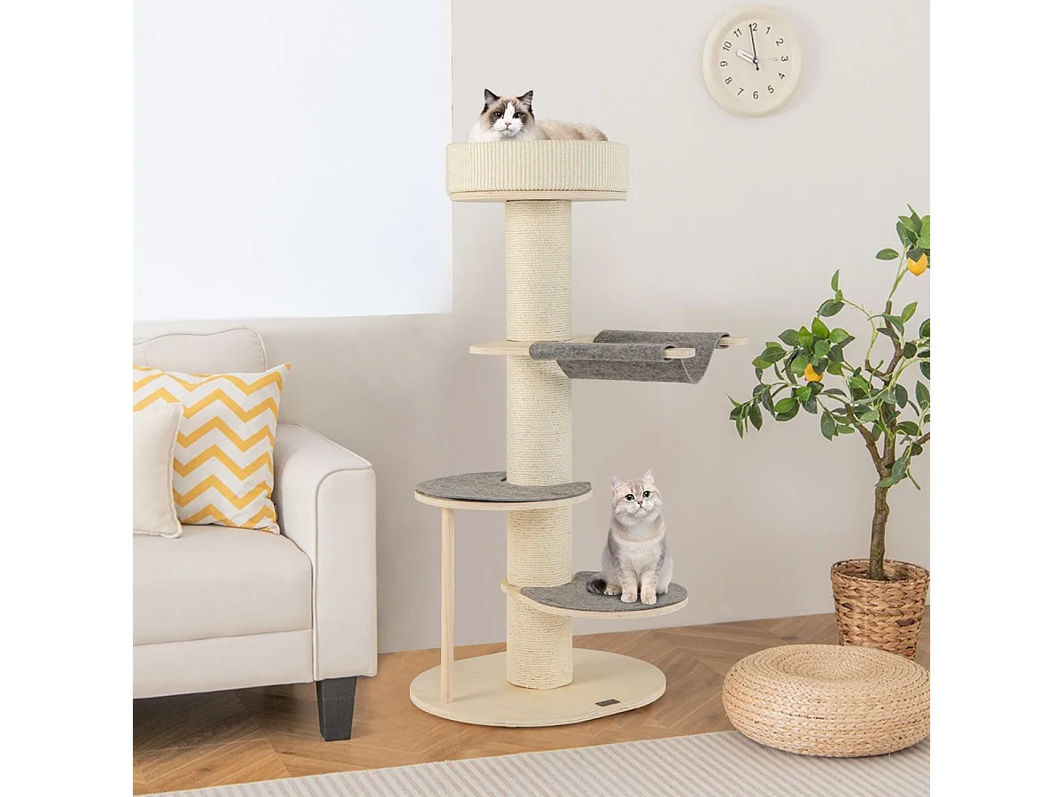 120 cm Kratzbaum Holz Katzenbaum mit Hängematte & 3 Plattformen & Sisal-Teppich Grau
