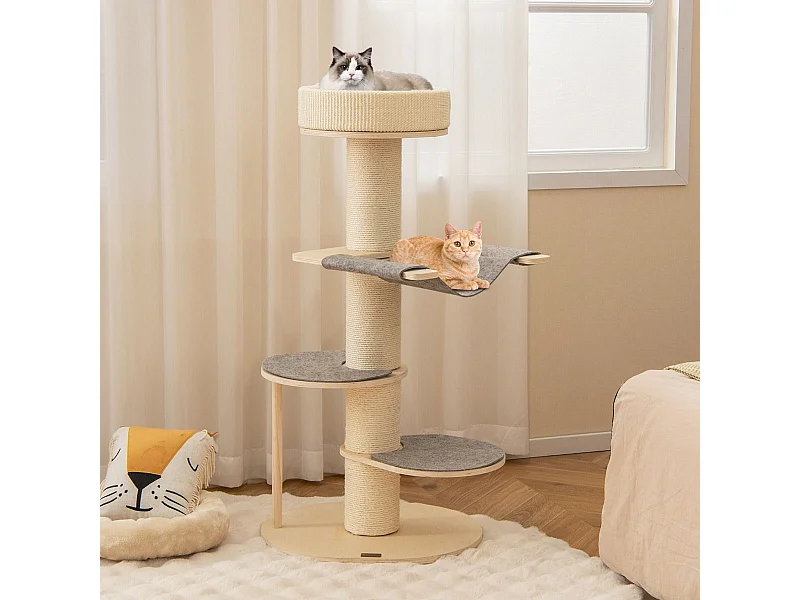 120 cm Kratzbaum Holz Katzenbaum mit Hängematte & 3 Plattformen & Sisal-Teppich Grau