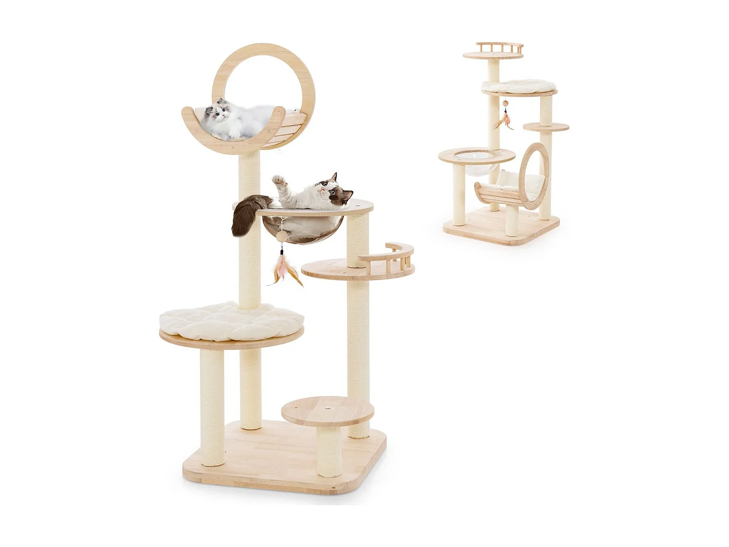 Albero per gatti a blocchi con capsula spaziale tiragraffi in sisal, Centro di attività per gatti 4-in-1 60x60x146cm