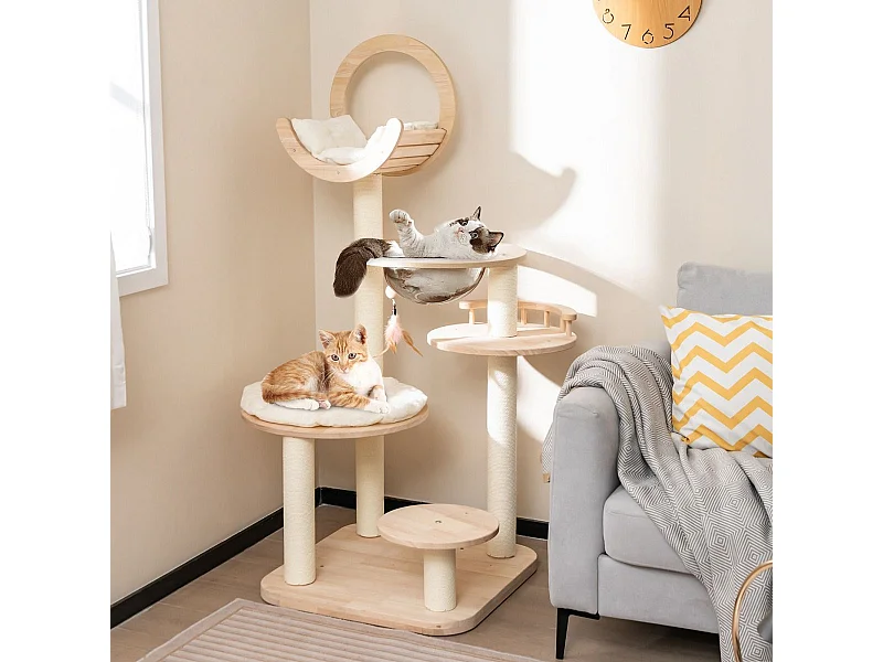 Albero per gatti a blocchi con capsula spaziale tiragraffi in sisal, Centro di attività per gatti 4-in-1 60x60x146cm