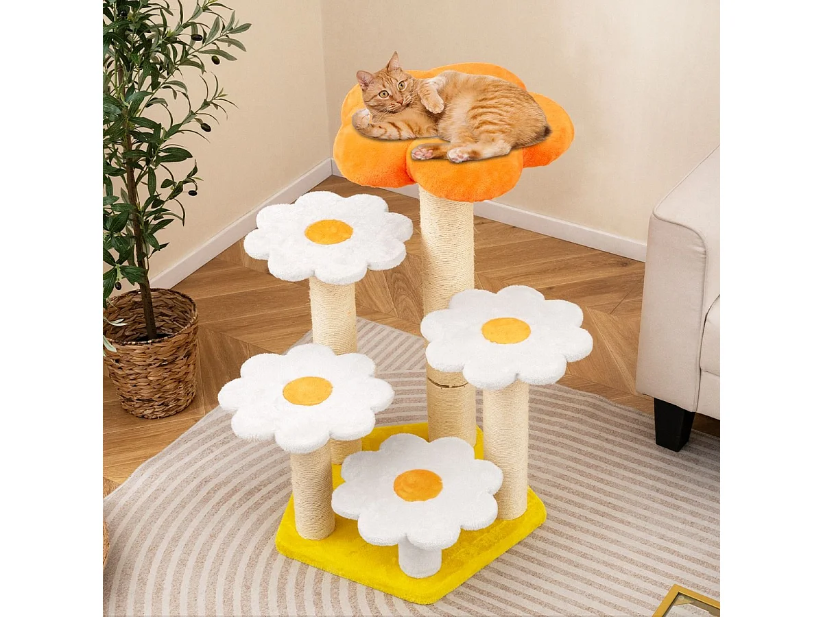 Torre per gatti con comodo trespolo in morbido peluche in sisal per saltare, Albero per gatti da interno a forma di fiore Giallo