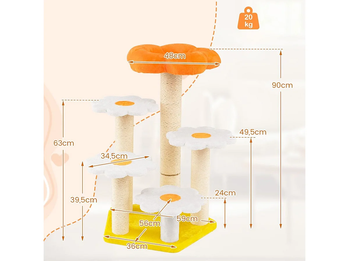 Torre per gatti con comodo trespolo in morbido peluche in sisal per saltare, Albero per gatti da interno a forma di fiore Giallo