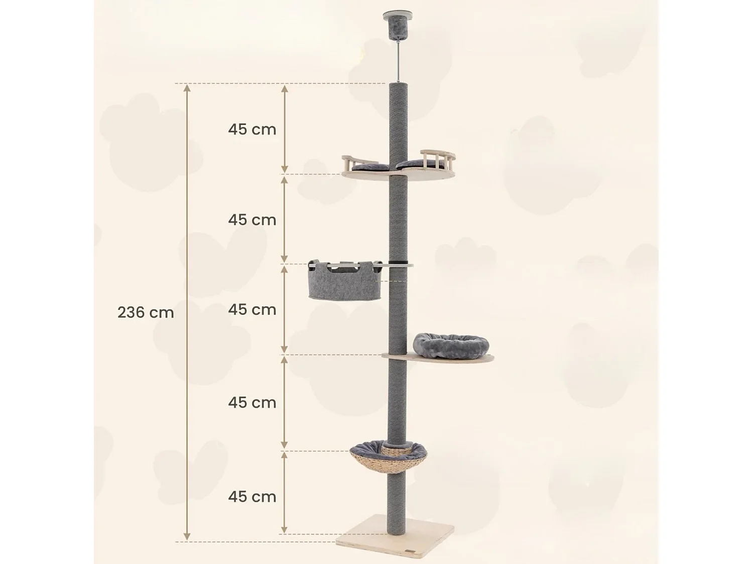 Kratzbaum deckenhoch 236-271 cm von Boden bis Decke Katzenmöbel Holz Grau