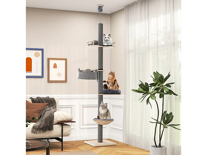 Kratzbaum deckenhoch 236-271 cm von Boden bis Decke Katzenmöbel Holz Grau