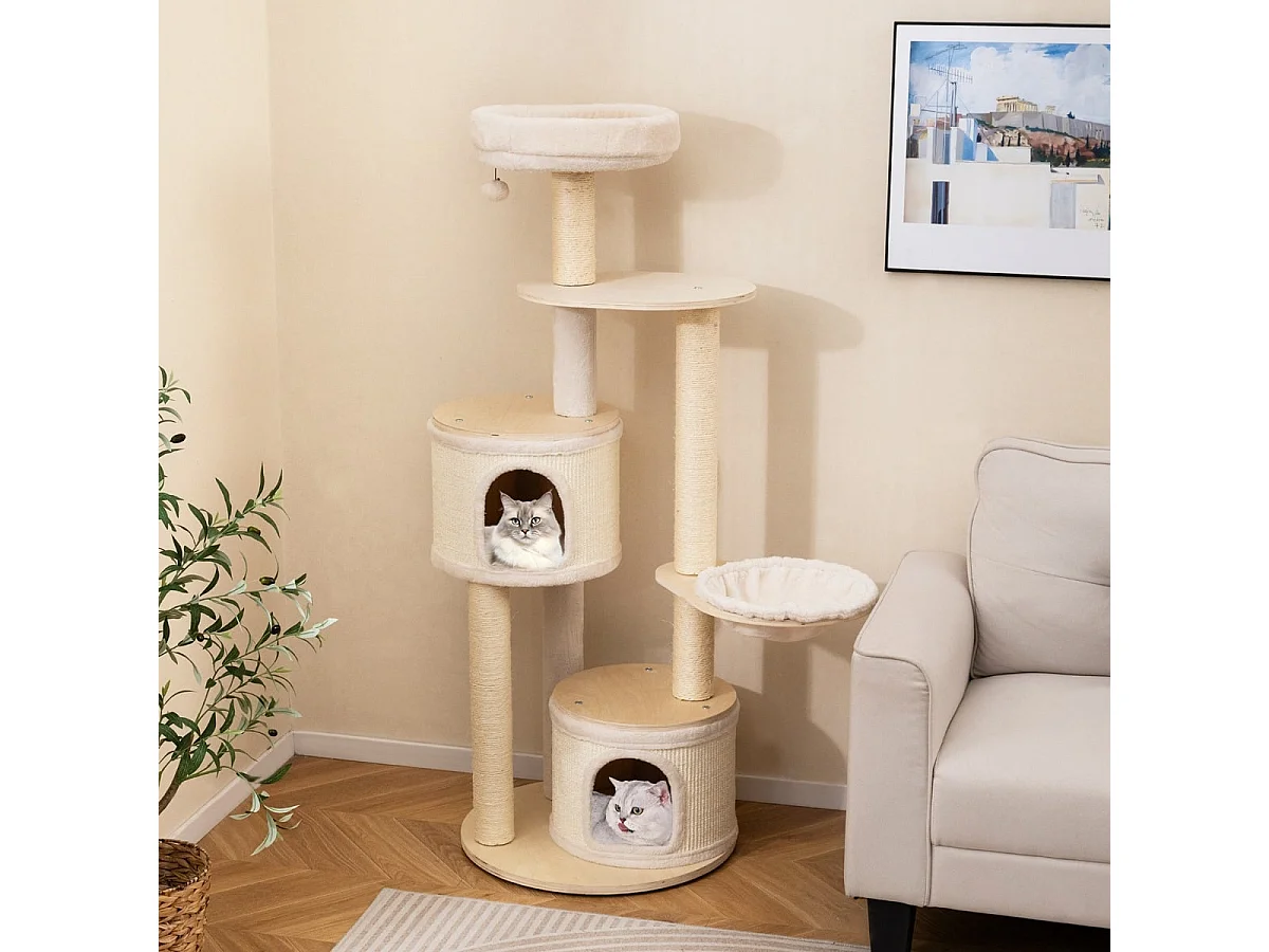 152 cm Kratzbaum mit 2 Katzenhöhlen & Korb & Sisal-Kratzpfosten & Spielball Katzenbaum Kletterbaum