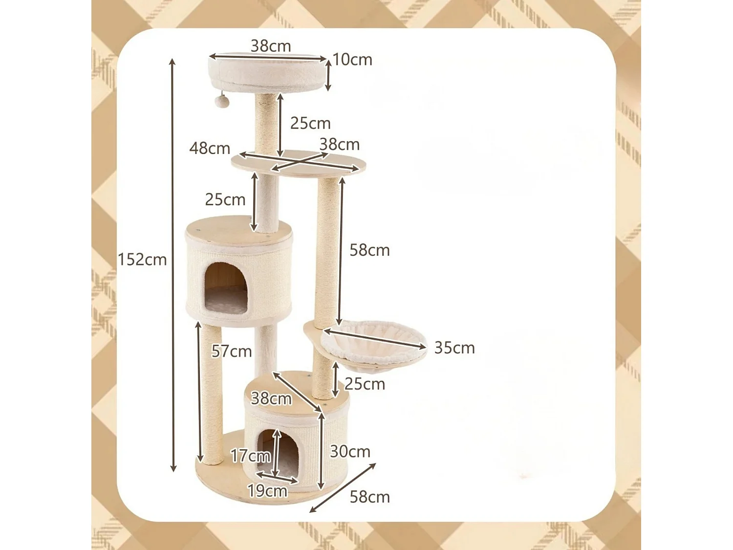 152 cm Kratzbaum mit 2 Katzenhöhlen & Korb & Sisal-Kratzpfosten & Spielball Katzenbaum Kletterbaum