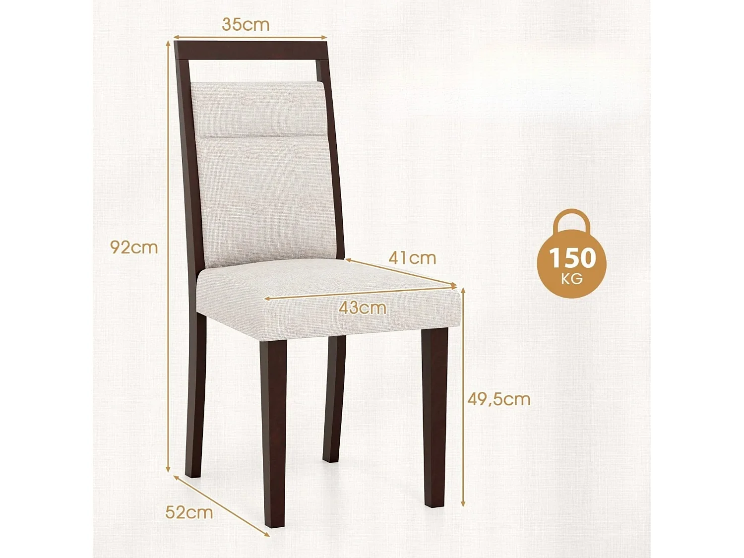 Ensemble de 2 Chaises de Salle à Manger avec Assise Rembourrée et Dossier Inclinable Pieds en Bois de Caoutchouc Poignée Pratique Beige