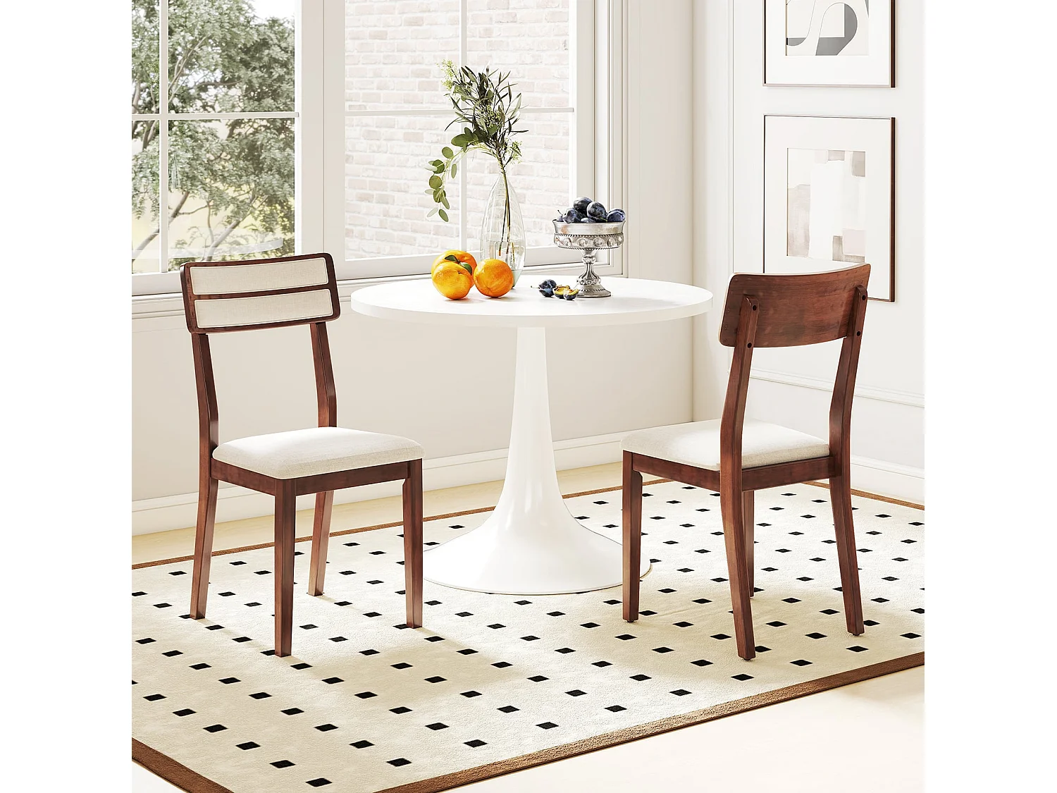 Lot de 2 Chaises de Salle à Manger Rembourrées avec Dossier Haut Pieds en Bois de Caoutchouc Charge 180 KG Beige