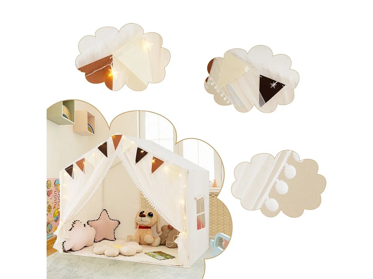 Tenda da gioco per bambini con tende in tessuto e rete luci a stella materassino in cotone, Grande casa da gioco Beige
