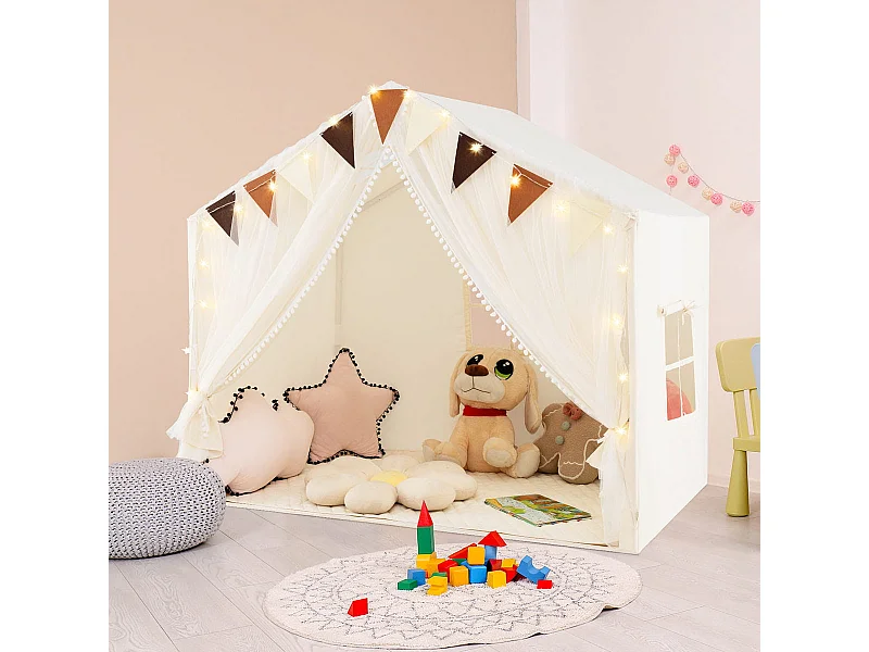 Tenda da gioco per bambini con tende in tessuto e rete luci a stella materassino in cotone, Grande casa da gioco Beige
