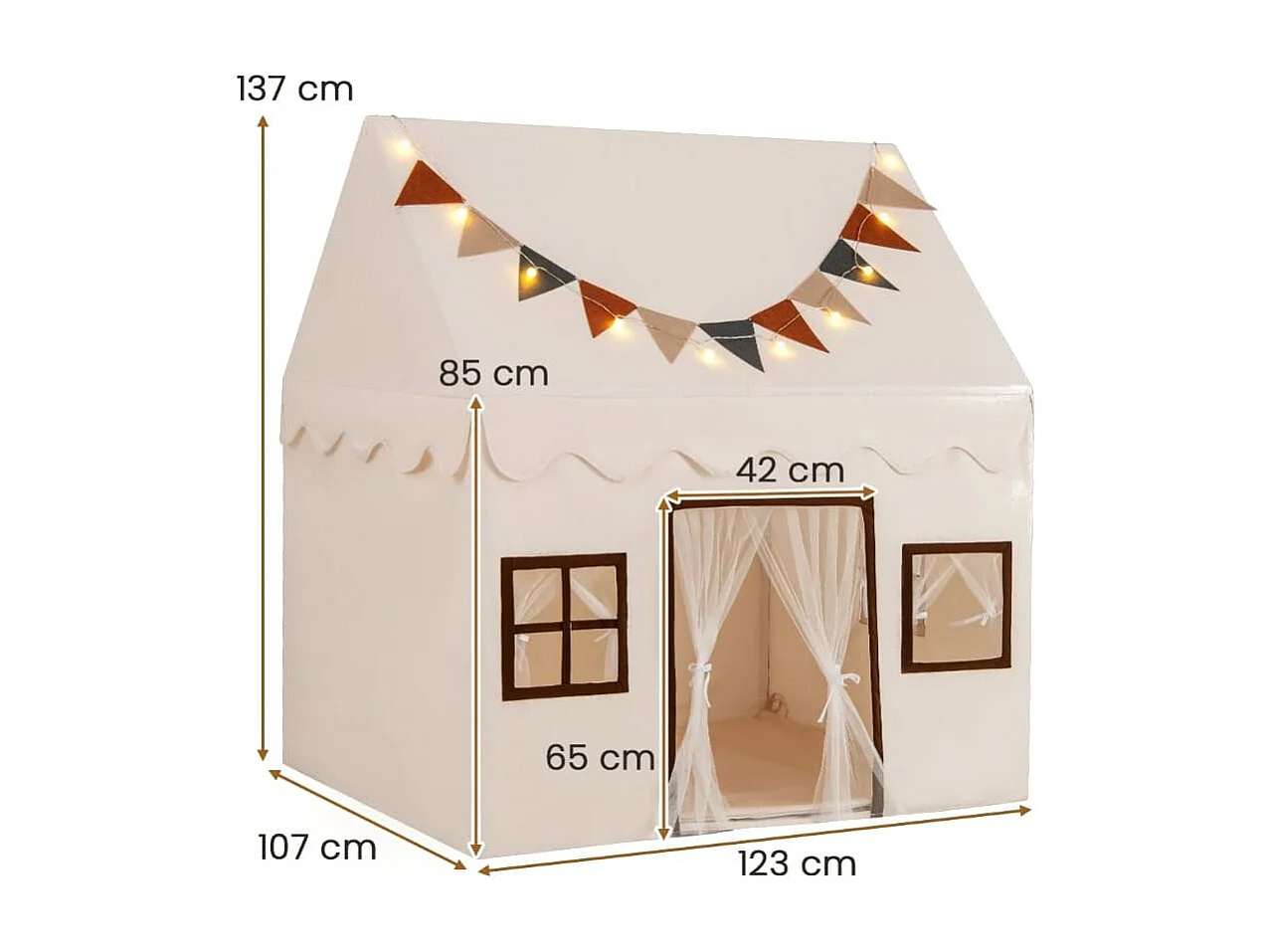 Kinderspielzelt mit Girlande - Beige Spielhaus für Kinder ab 3 Jahren, DIY Aufbau, 137 cm hoch