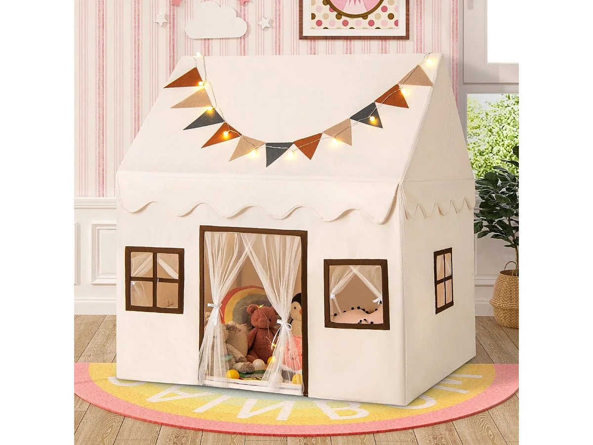 Kinderspielzelt mit Girlande - Beige Spielhaus für Kinder ab 3 Jahren, DIY Aufbau, 137 cm hoch
