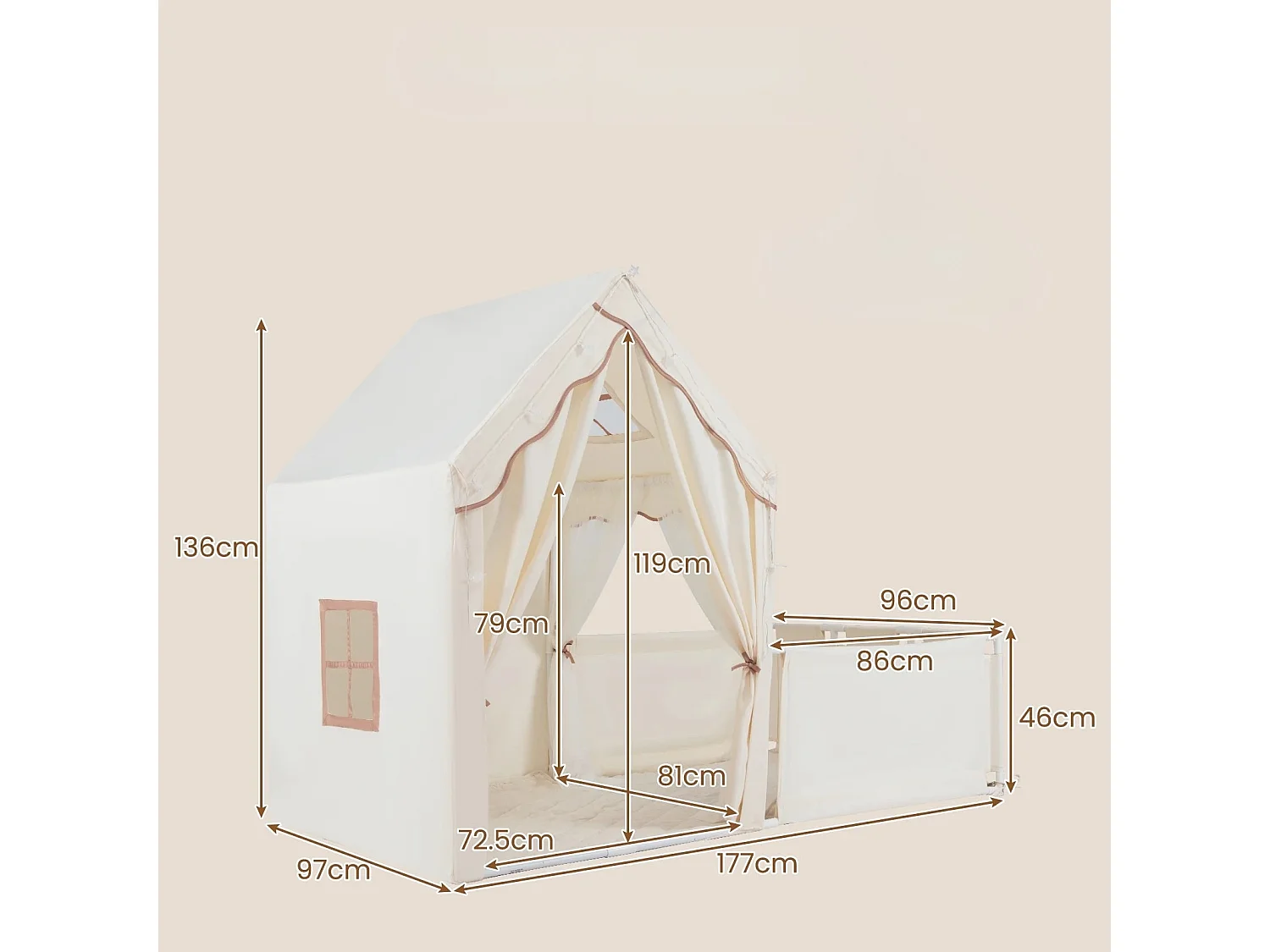 2 in 1 Kinderzelt & Laufgitter mit Lichterkette & Abwaschbarer Matte Kinder Spielhaus Spielzelt Beige