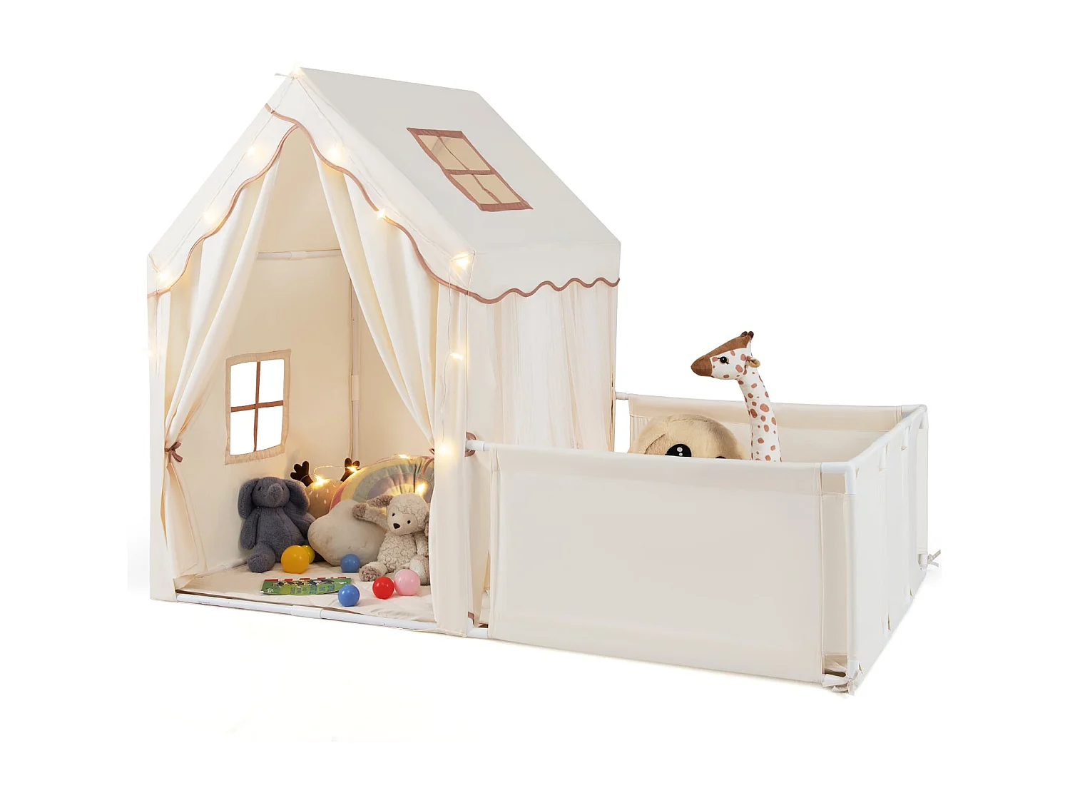 2 in 1 Kinderzelt & Laufgitter mit Lichterkette & Abwaschbarer Matte Kinder Spielhaus Spielzelt Beige