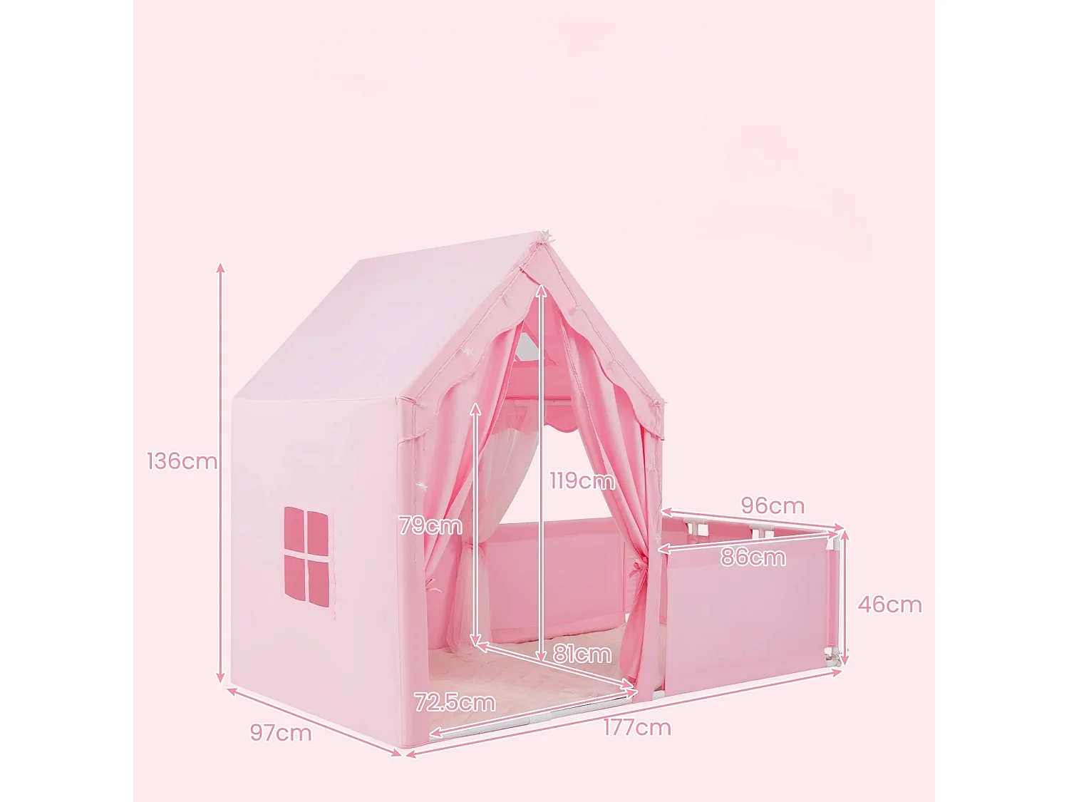 2 in 1 Kinderzelt & Laufgitter mit Lichterkette & Abwaschbarer Matte Kinder Spielhaus Spielzelt Rosa
