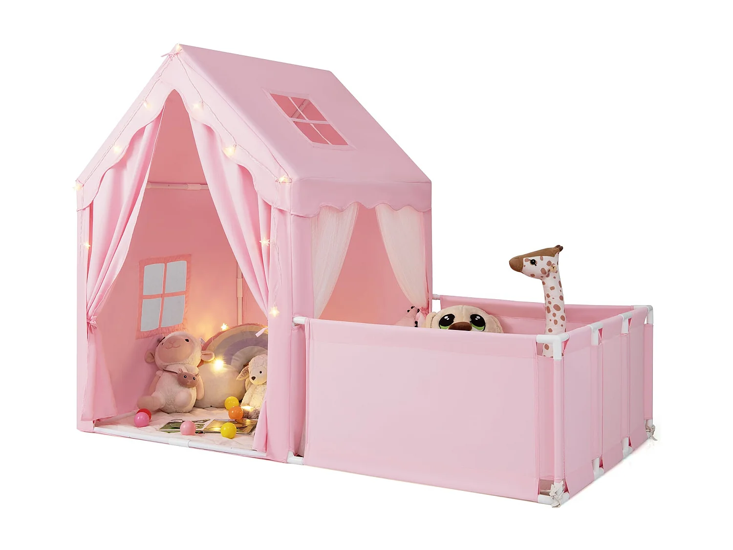 2 in 1 Kinderzelt & Laufgitter mit Lichterkette & Abwaschbarer Matte Kinder Spielhaus Spielzelt Rosa
