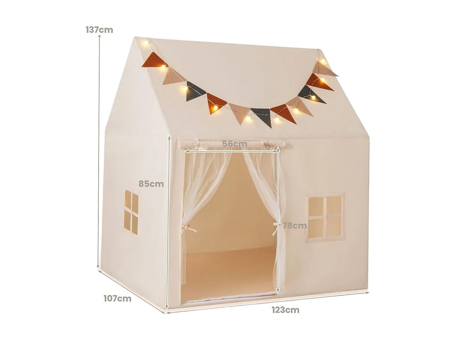 Tente de Jeu pour Enfants Tente avec Tapis Antidérapant Rembourré Drapeaux Guirlandes Lumineuses Fenêtres pour 3-14 Ans Beige