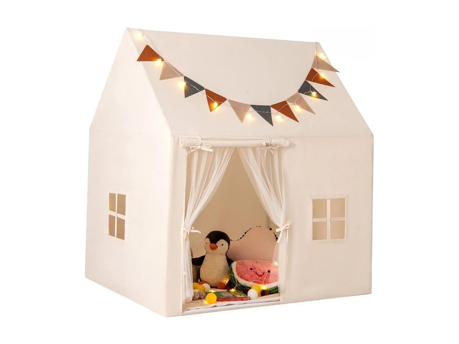 Tente de Jeu pour Enfants Tente avec Tapis Antidérapant Rembourré Drapeaux Guirlandes Lumineuses Fenêtres pour 3-14 Ans Beige