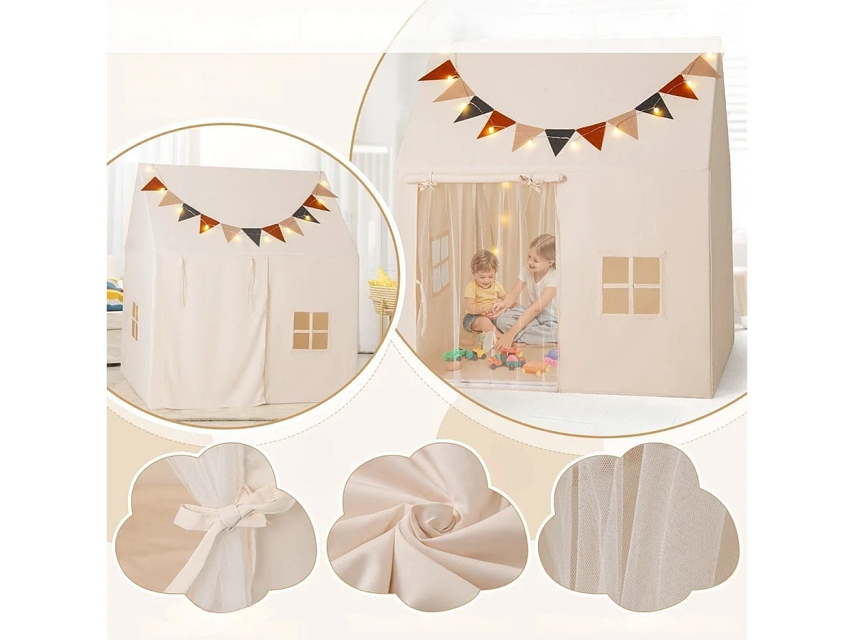 Tente de Jeu pour Enfants Tente avec Tapis Antidérapant Rembourré Drapeaux Guirlandes Lumineuses Fenêtres pour 3-14 Ans Beige