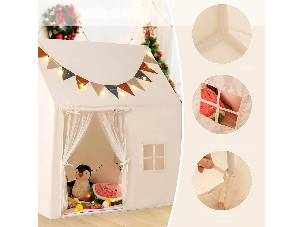 Tente de Jeu pour Enfants Tente avec Tapis Antidérapant Rembourré Drapeaux Guirlandes Lumineuses Fenêtres pour 3-14 Ans Beige