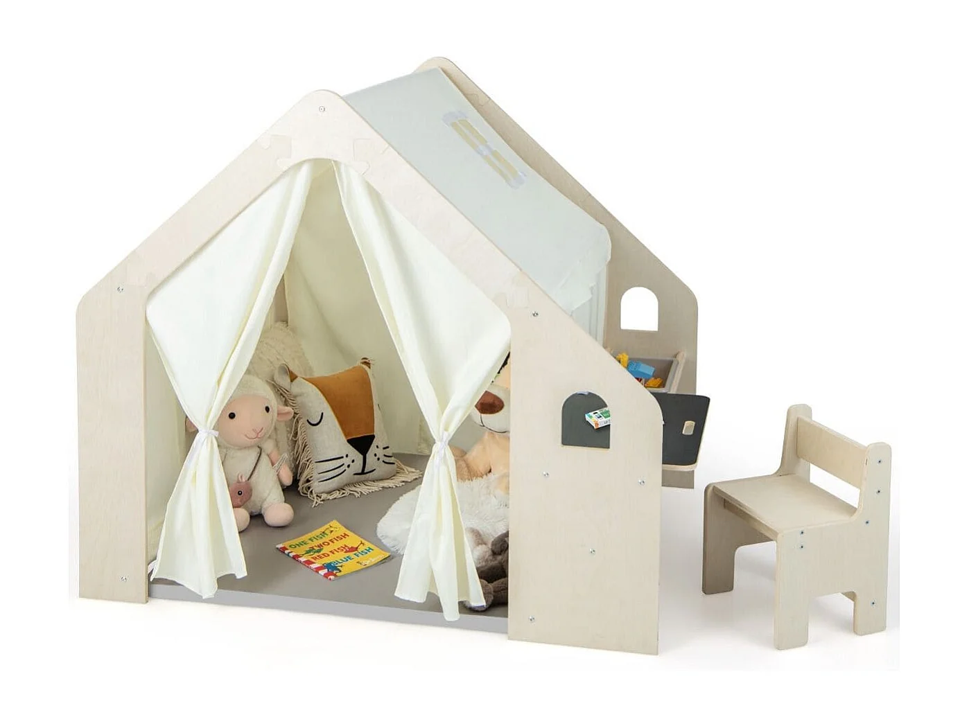 Tenda da gioco per bambini 6-in-1 in legno per interni con lavagna scrivania sedia, Casetta da gioco in legno Beige