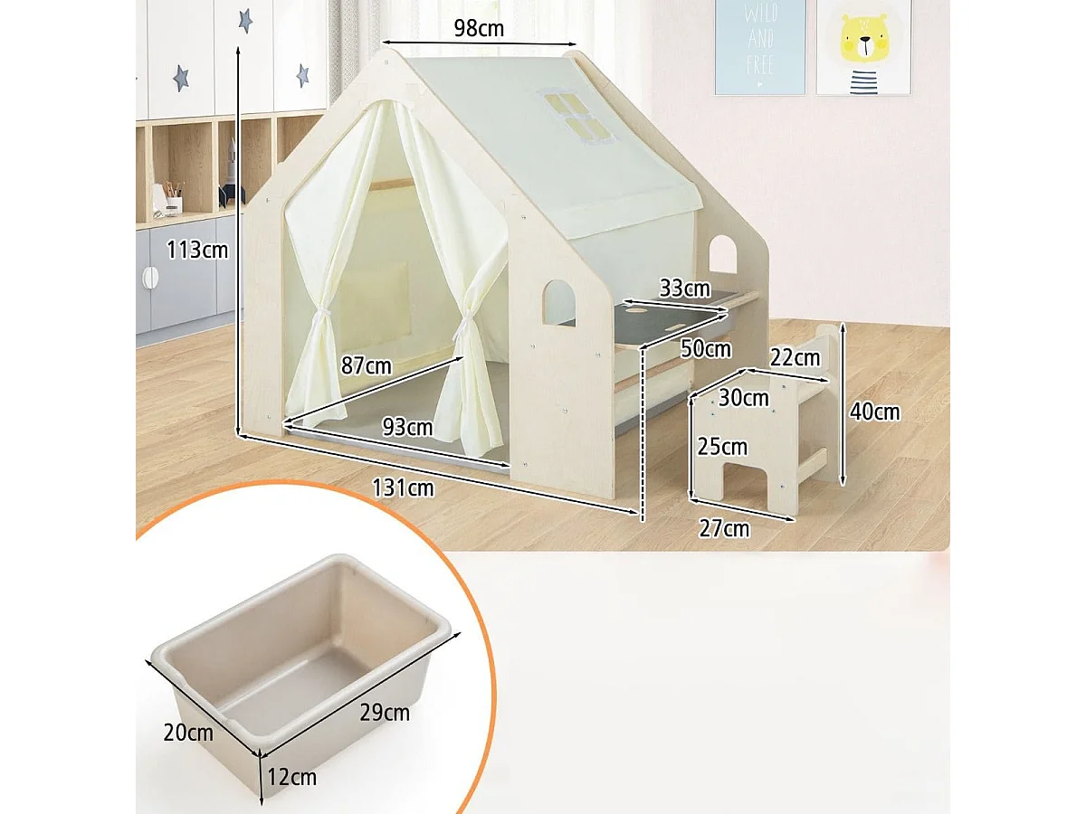 Tenda da gioco per bambini 6-in-1 in legno per interni con lavagna scrivania sedia, Casetta da gioco in legno Beige
