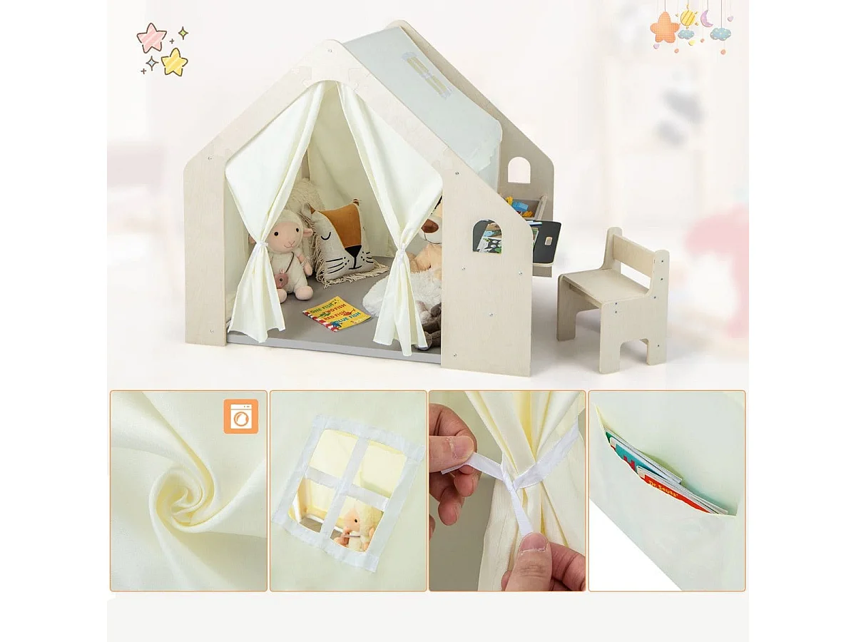 Tenda da gioco per bambini 6-in-1 in legno per interni con lavagna scrivania sedia, Casetta da gioco in legno Beige