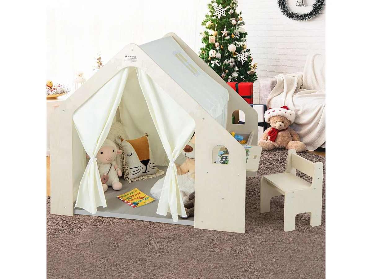 Tenda da gioco per bambini 6-in-1 in legno per interni con lavagna scrivania sedia, Casetta da gioco in legno Beige