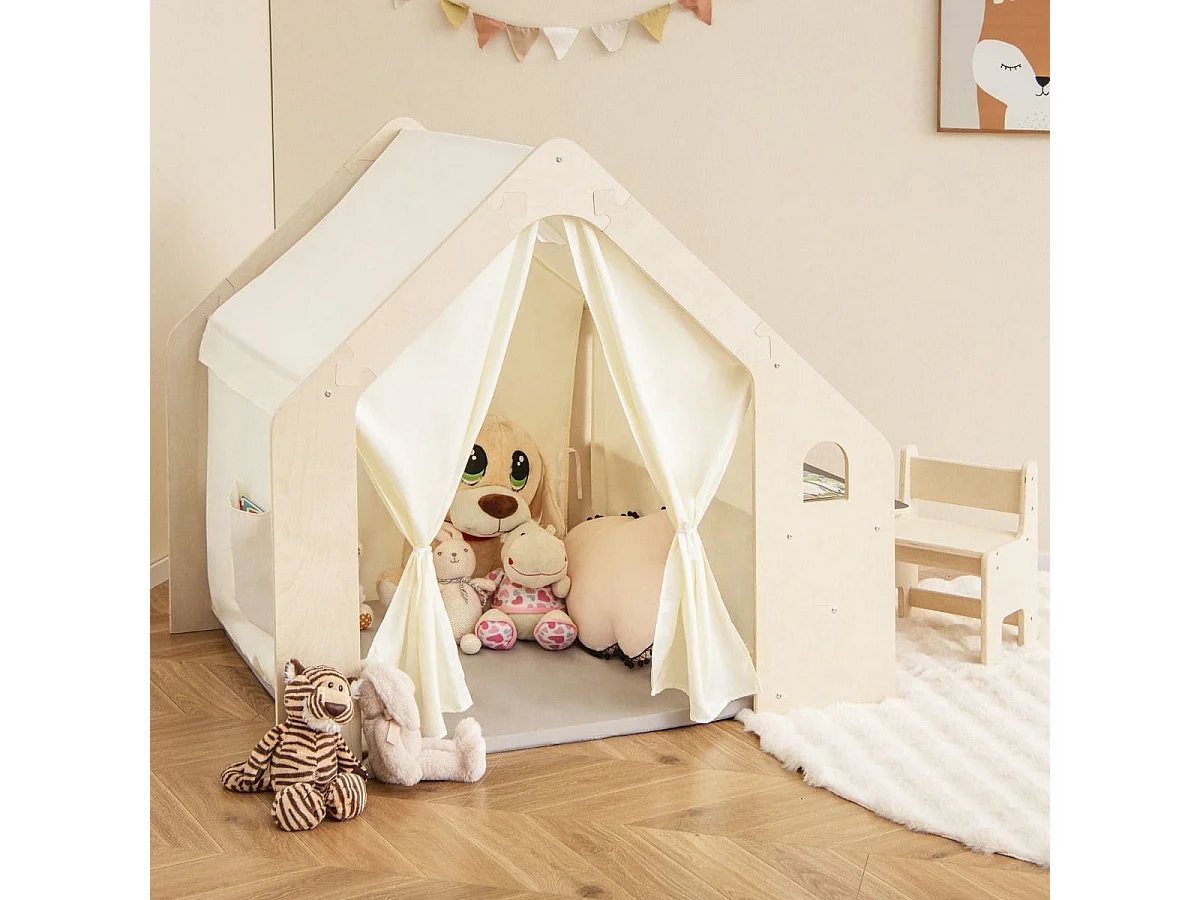 Tenda da gioco per bambini 6-in-1 in legno per interni con lavagna scrivania sedia, Casetta da gioco in legno Beige