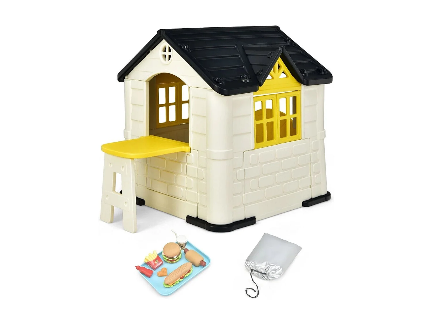 Casetta per bambini con porte finestre tavolo, Set giocattolo 7 pezzi con copertura impermeabile 164x124x132cm Giallo