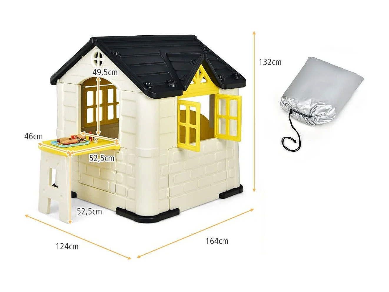 Casetta per bambini con porte finestre tavolo, Set giocattolo 7 pezzi con copertura impermeabile 164x124x132cm Giallo