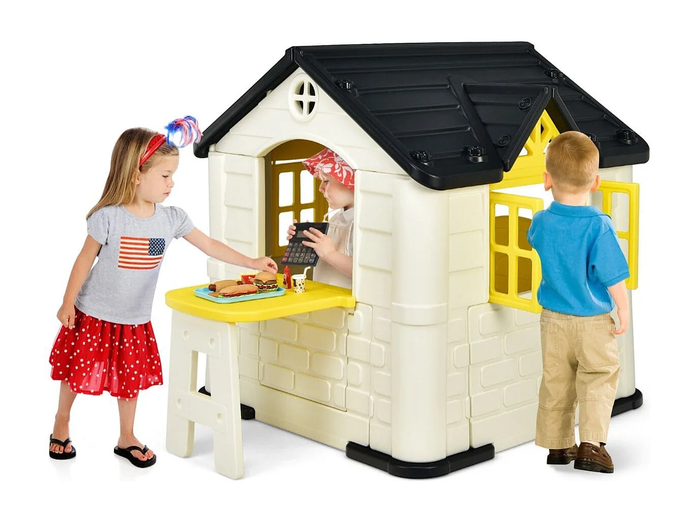 Casetta per bambini con porte finestre tavolo, Set giocattolo 7 pezzi con copertura impermeabile 164x124x132cm Giallo