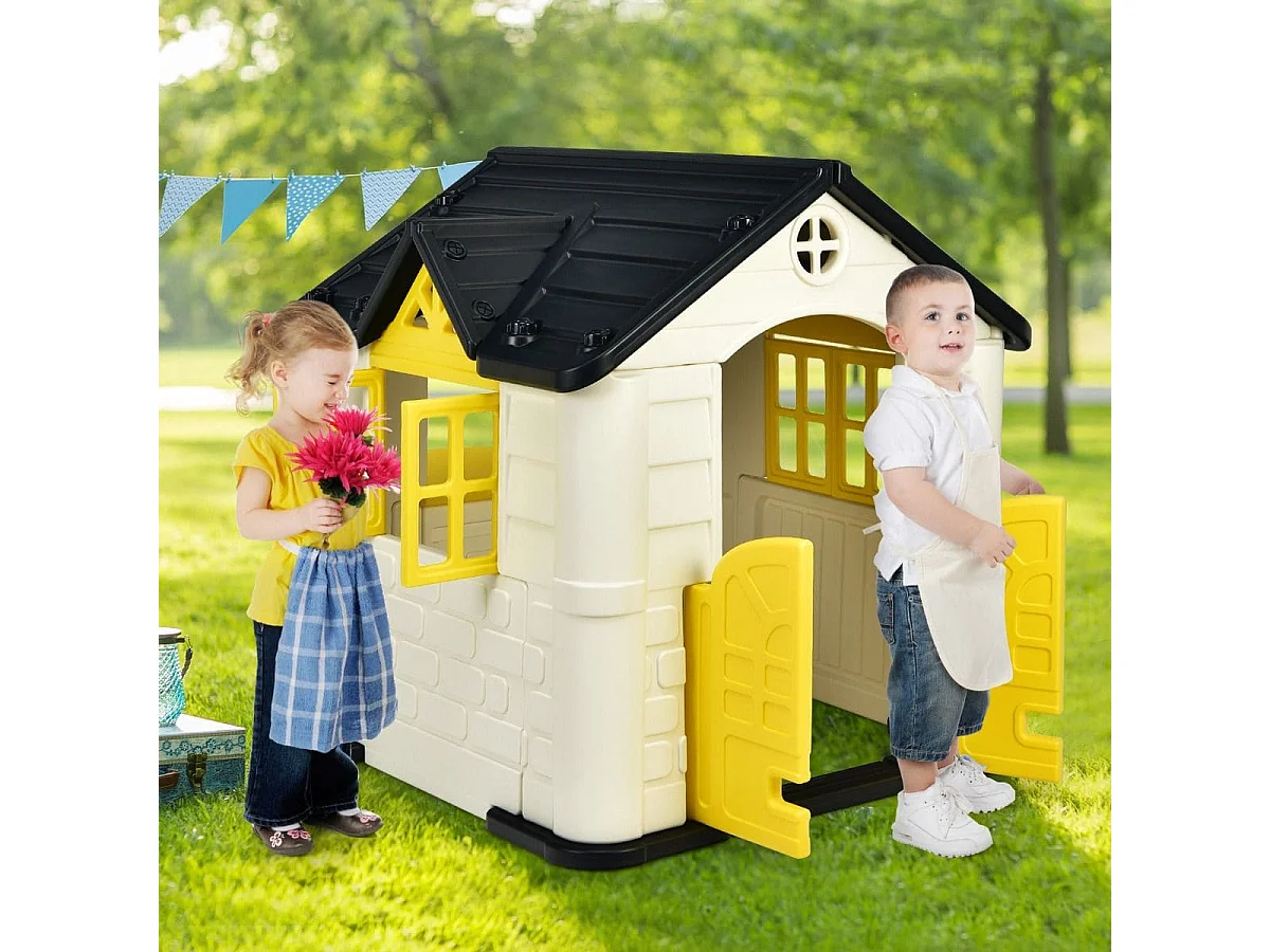 Casetta per bambini con porte finestre tavolo, Set giocattolo 7 pezzi con copertura impermeabile 164x124x132cm Giallo