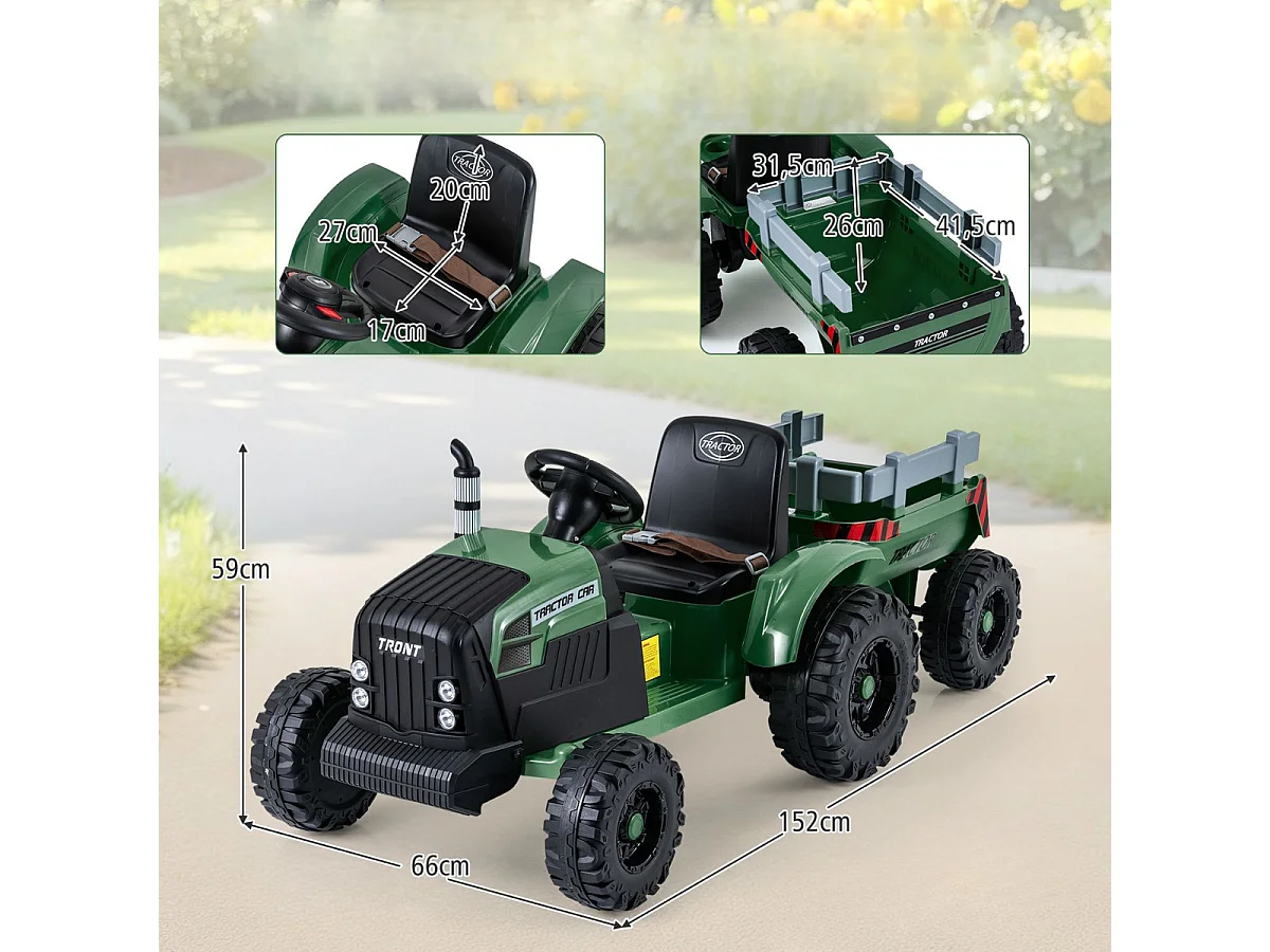 24V Tracteur électrique pour enfants avec remorque véhicule électrique avec remorque amovible télécommande vert foncé