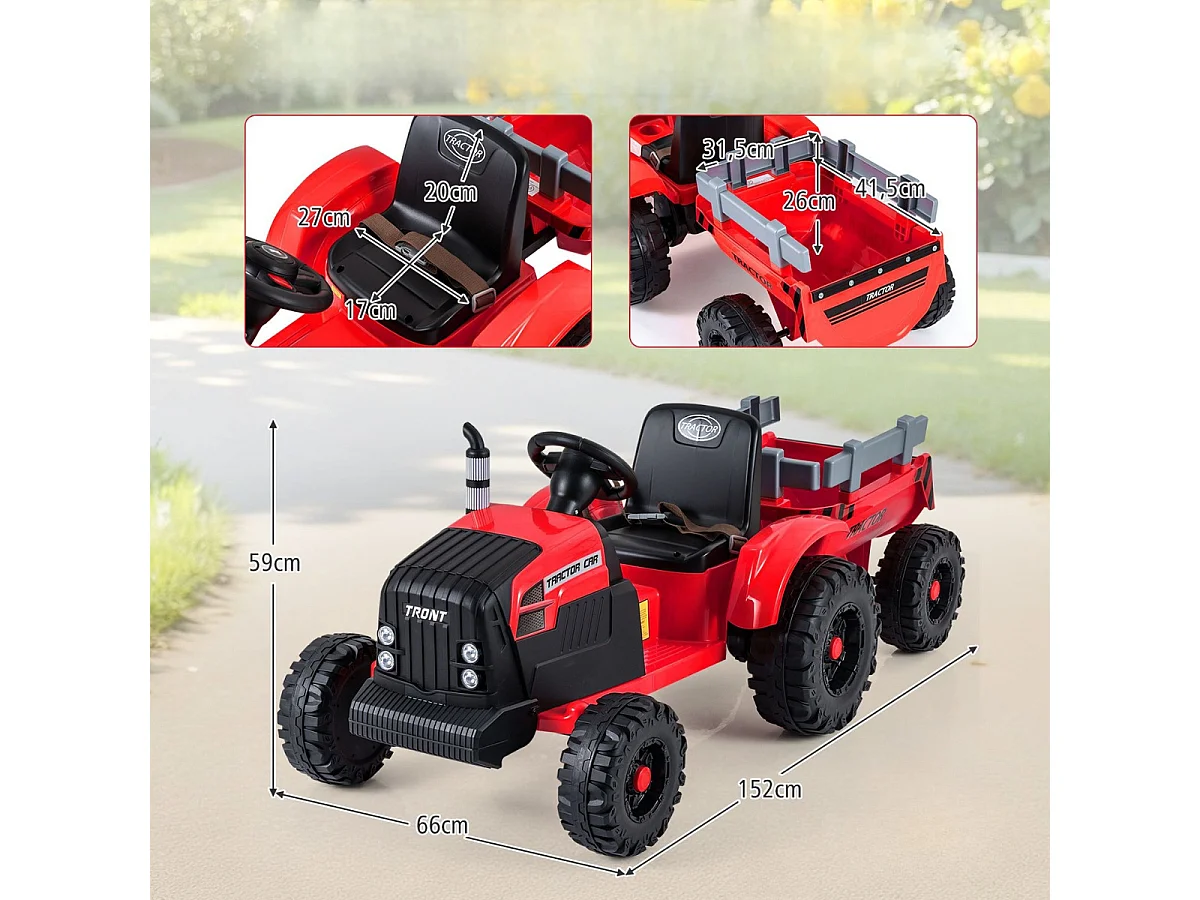 24V Tracteur électrique pour enfants avec remorque véhicule électrique avec remorque amovible télécommande rouge