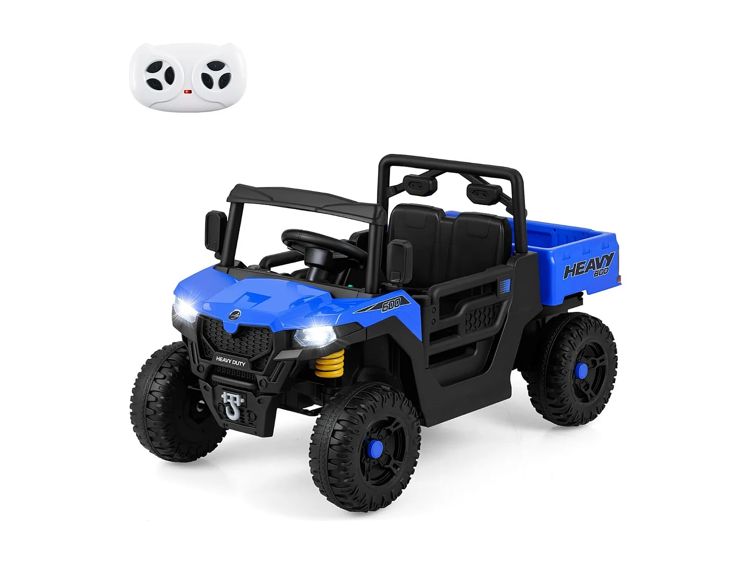 Camion Benne Électrique 12V avec Benne Basculante Télécommande Musique Histoire Lumières LED & Suspension à Ressort pour 3-8 Ans Bleu